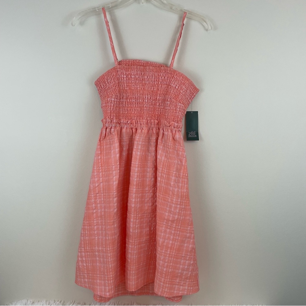Wild Fable Women Small Coral Plaid Smocked Dress Sleeveless